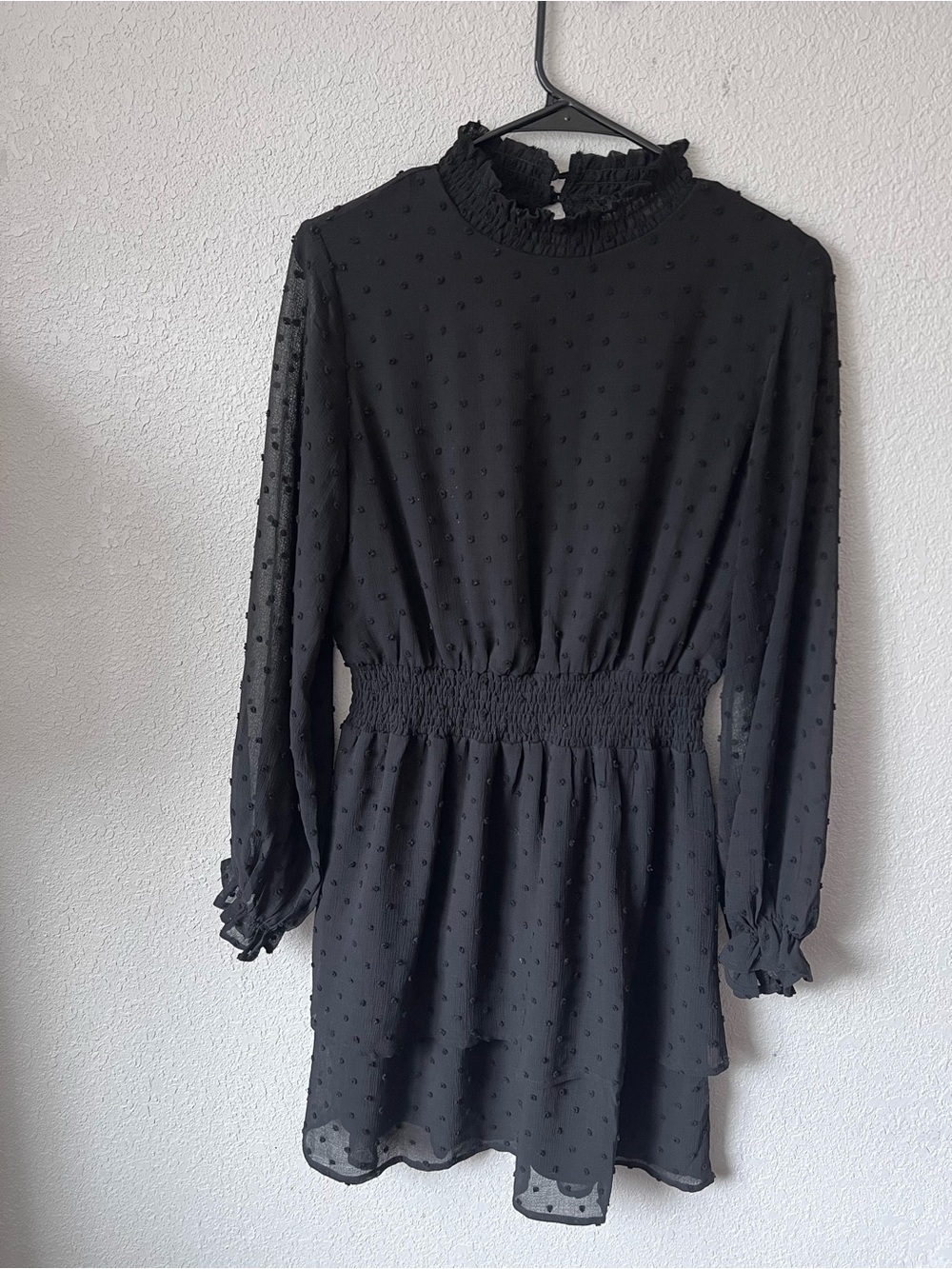 Black Swiss Dot Long Sleeve Smocked Waist Dress, size S, SHE+ SKY